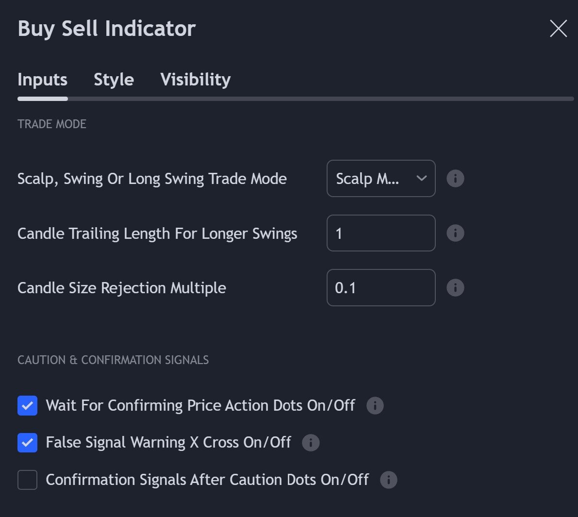 Buy Sell Indicator settings panel on TradingView showing all input parameters and trade mode options