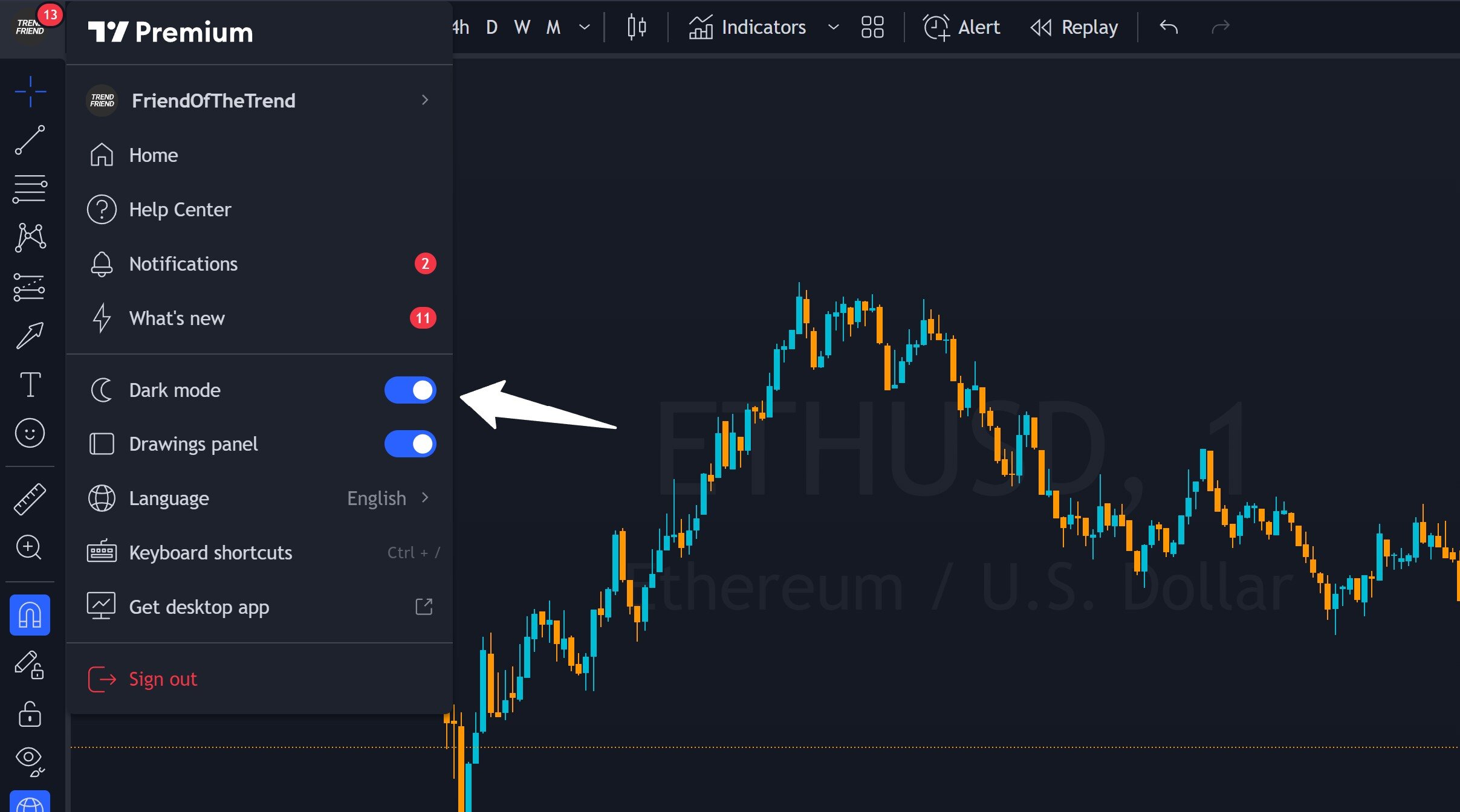 TradingView dark mode color theme toggle button in the profile menu